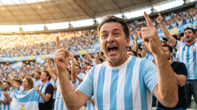 Ecstatic male football fan in a striped jersey cheering and pointing upwards during a stadium goal celebration.