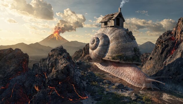 Giant Snail With House On Shell Navigates Volcanic Landscape Under Dramatic Sky