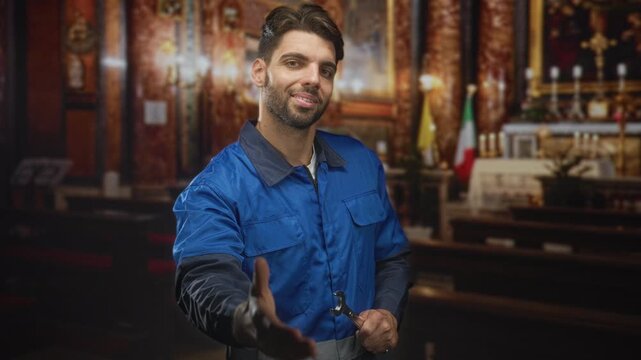 Man in blue work overalls offers handshake while holding wrench in a church; repair service welcoming.