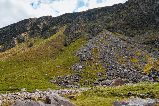 Massive scree slope on the rocky mountainside of Glendalough, Ireland