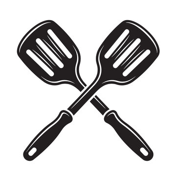 Two crossed black kitchen spatulas vector illustration with culinary preparation kitchenware restaurant gastronomy silhouette isolated equipment flipping