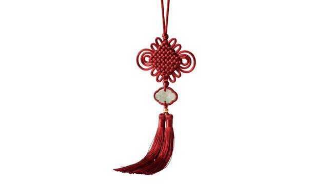 Traditional chinese red decorative knot with jade pendant and tassel isolated on transparent background