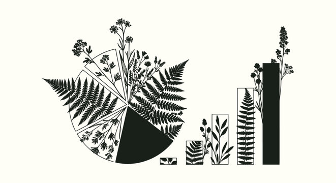 Ecological Infographic Design with Pie and Bar Charts with Botanical Fern and Floral Silhouettes