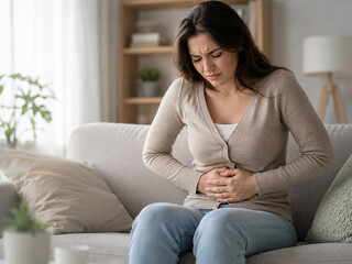 Obraz premium woman suffering stomach pain at home, digestive health concept, realistic lifestyle stock photography