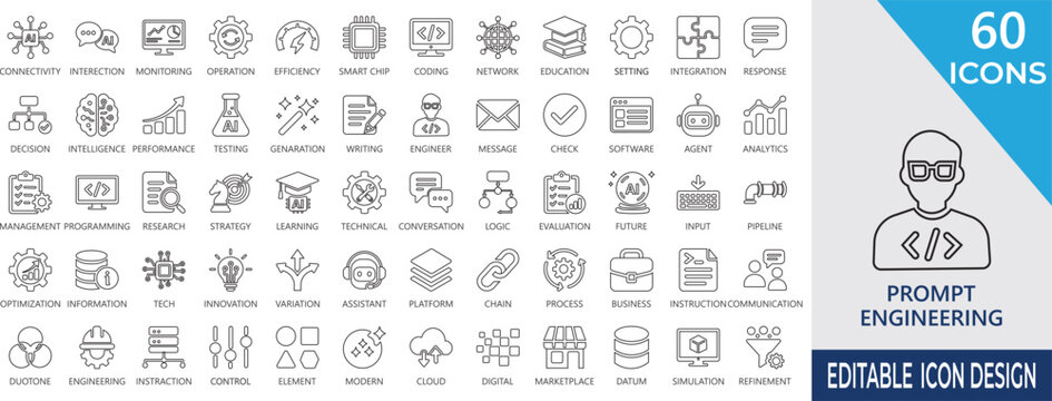 Prompt engineering stroke icon set featuring ai prompts, interaction, learning, optimization, workflow, query, automation, and llm coding .