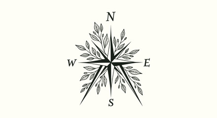 Fototapeta premium Minimalist Botanical Compass Rose Illustration with Leafy Branches for Boho Travel and Adventure