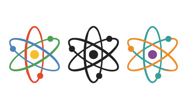 Atom Model Icon Set Featuring Rutherford Bohr Nuclear Structure Symbols with Electrons and Protons Science and Tech Vector Templates