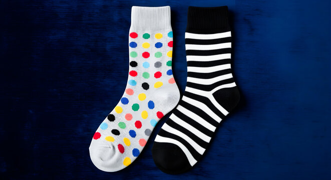 Colorful socks, patterned footwear, multicolored polka dots, striped socks