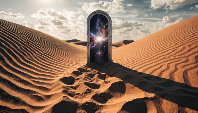Surreal desert portal opens to starry cosmos, vast sand dunes landscape under cloudy sky, cinematic widescreen view