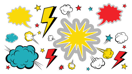 Colorful comic book style speech bubbles and explosion effects isolated on white background © Rayhan Studio 