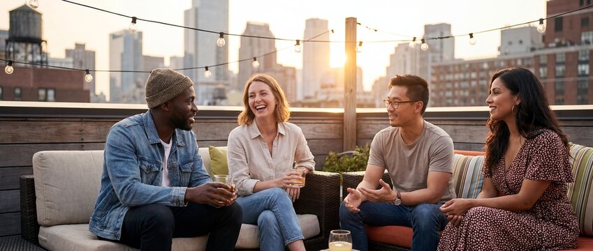 multicultural friendship friends cityscape rooftop group talking sunset urban together diverse adults sit in circle on terrace during golden hour expressing belonging openness and modern city