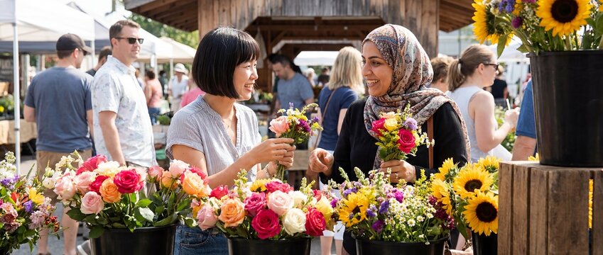 multicultural friendship asian muslim women flower market bouquet shopping smiling two women compare fresh arrangements among vibrant stalls expressing inclusion joy and everyday cross cultural
