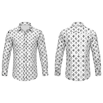 White long sleeve button down shirt with black graphic pattern, clothing