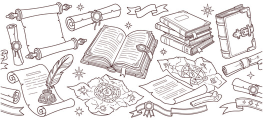 Old magic scrolls, ancient books and parchment doodle. © NAZMA