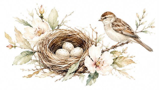 Beautiful watercolor illustration featuring a sparrow bird resting near a nest filled with eggs on a tree branch, painted with delicate brush strokes and natural colors. Perfect for children's books