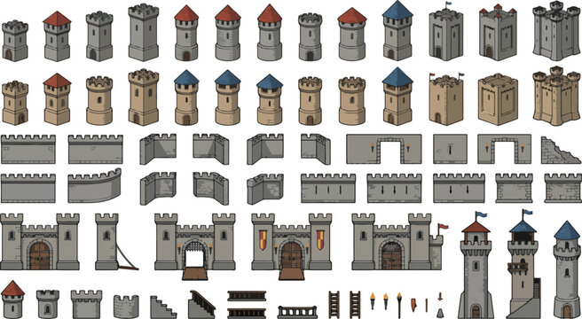 Medieval castle construction kit vector, modular stone fortress walls and towers, fantasy game map building elements