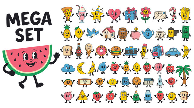 Funny retro cartoon mascot characters in vintage style set.