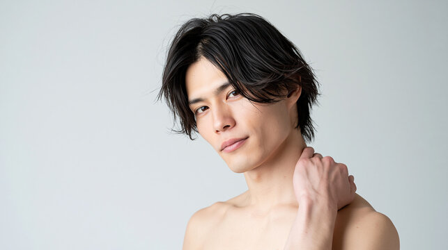 スタジオ白背景で首に手を当てて視線を上げる黒髪の若い男性 | ミニマルな素肌感