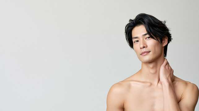 スタジオ白背景で首に手を当てて視線を上げる黒髪の若い男性 | ミニマルな素肌感