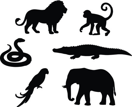 Collection of diverse animal silhouettes including lion, monkey, snake, crocodile, parrot, elephant