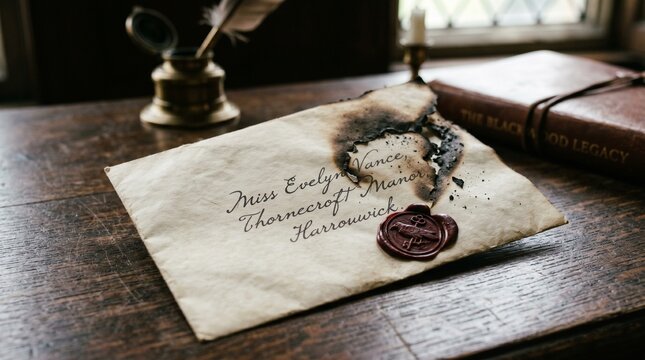 A burnt envelope with a wax seal and a quill pen on a wooden desk