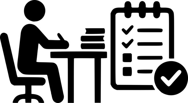 A person sits at a desk with a stack of papers, working on a task list with a checklist on a clipboard, symbolizing organization and productivity in a workspace.