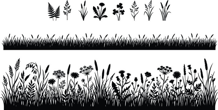 Grass and wildflower silhouette borders with botanical floral elements set in black vector