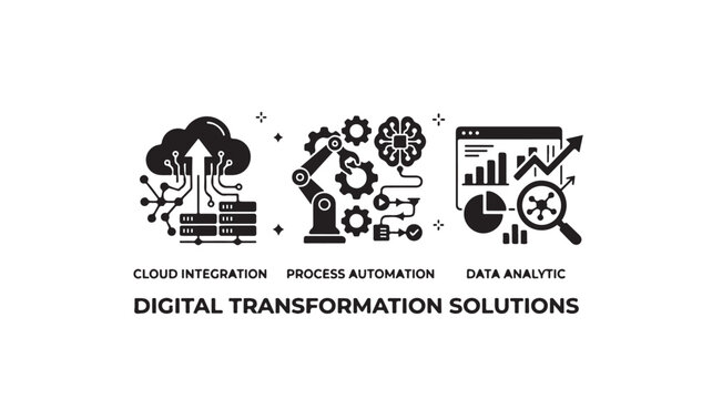 Digital transformation solutions concept with cloud integration, process automation, and data analytics icons on white background for business technology and innovation themes