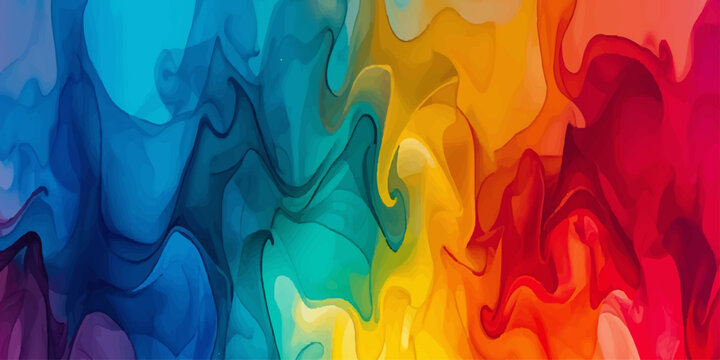 An abstract colorful background of flowing blue and fire flame waves with a smoky silk texture on a black backdrop