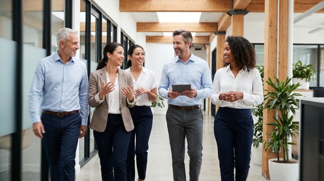 Diverse Group Of Multicultural Corporate Business Professionals Walking Down Bright Modern Office Corridor Having A Discussion And Collaboration With Digital Tablet