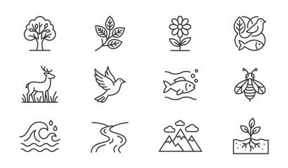 Fototapeta premium Ecology Line Icon Set of Ecosystem Nature Environment Biodiversity Fauna Flora Vector Collection
