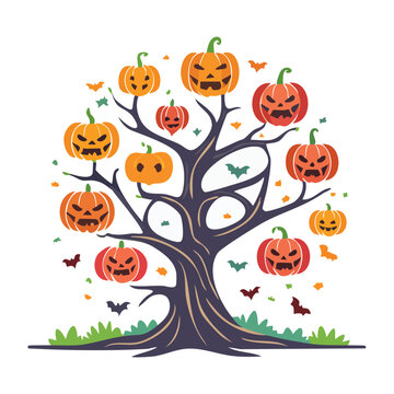 Halloween tree with pumpkins and bats