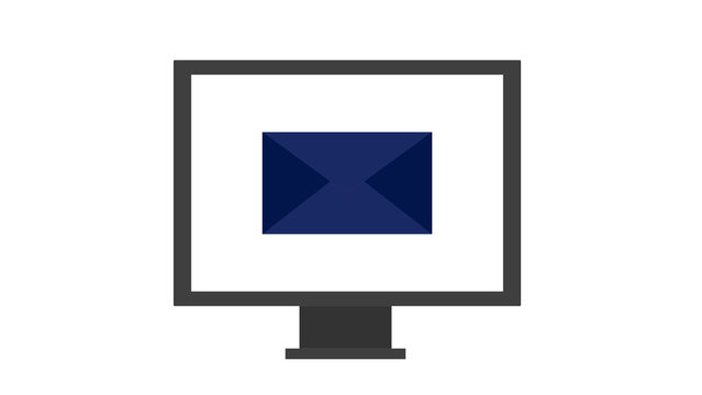 Minimalist flat icon of a desktop computer monitor displaying a navy blue envelope icon. Represents email communication, online messaging, digital correspondence, and electronic mail services.