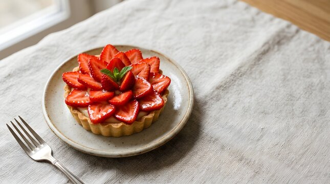 Fresh strawberry fruit tart with creamy custard filling on rustic ceramic plate beside metallic silver fork on cloth.