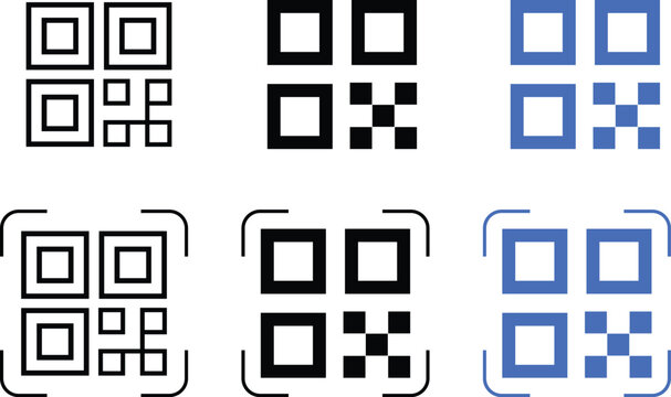 A collection of six qr code designs with various patterns and colors on a white background for scanning and encoding purposes