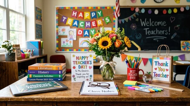 Celebrating teacher's day classroom setup with flowers gifts and school supplies for appreciation