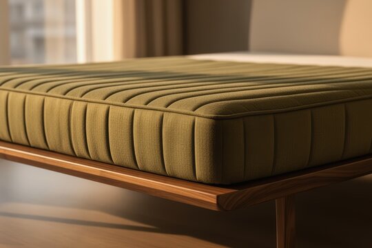 Upholstered bench cushion on wooden frame in warm natural interior light