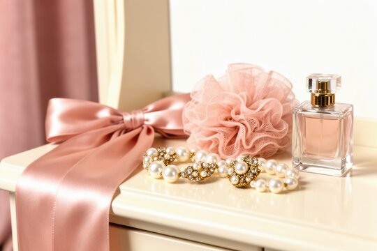 Perfume bottle and pearl necklace arranged on vanity with pink satin ribbon bow