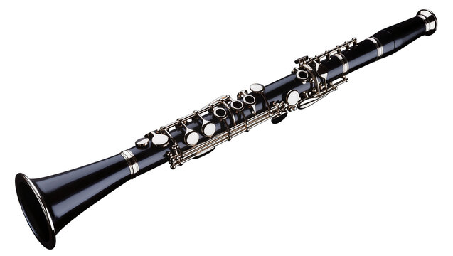 Isolated professional black clarinet wind instrument with shiny keys and rings, studio shot.