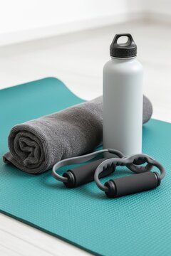 Fitness accessories on a bright teal exercise mat suggest a home workout routine