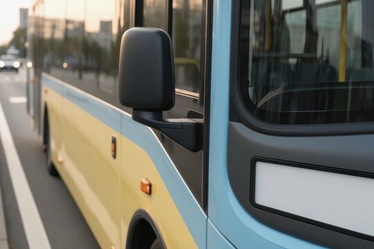 City bus side mirror and front panel captured on a busy urban street during dusk