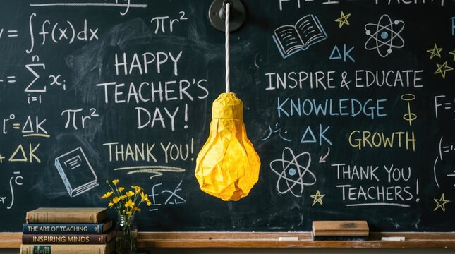 Happy teacher's day chalkboard with lightbulb books and educational symbols for appreciation and gratitude