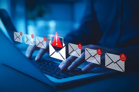 Email Security Threat Notification and Spam Warning Concept. A person using laptop with icons of mail envelopes showing red warning symbols represents potential email security threats and spam alerts.