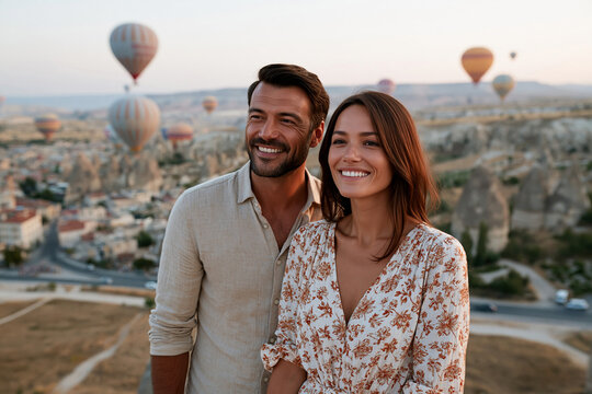Couple loves sunset balloons in Cappadocia