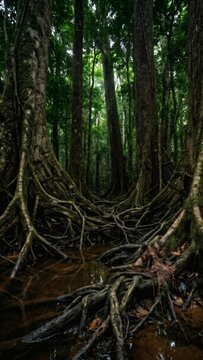 Ancient buttress roots in a pristine Congo rainforest jungle wilderness.