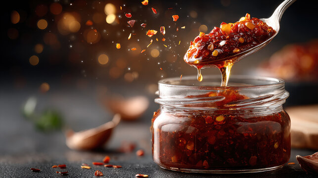 Chili crisp spooned from a glass jar, vibrant red oil and crunchy flakes dripping, showcasing rich texture and savory umami heat of a popular Asian condiment