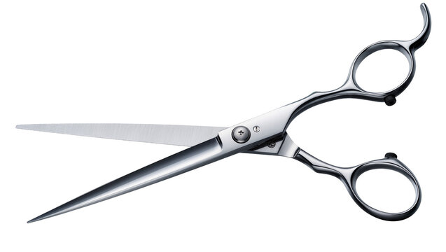 Isolated professional metallic hair cutting shears for barbers and stylists, sharp blades