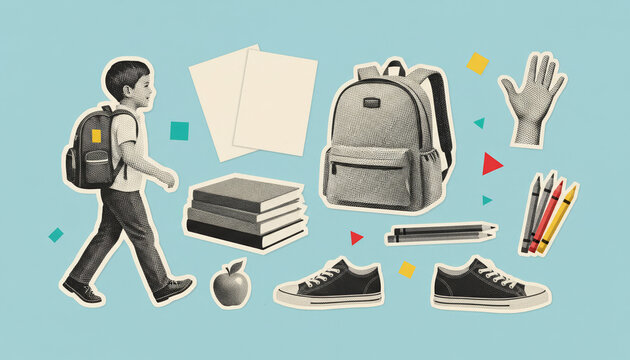Back to school child collage with backpack and school supplies on blue background for education banner design
