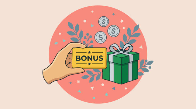 Bonus card, gift box, and money coins for financial reward concept