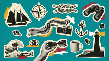 Obraz premium Sailing adventure collage with nautical icons and lighthouse on turquoise background for coastal travel banner design